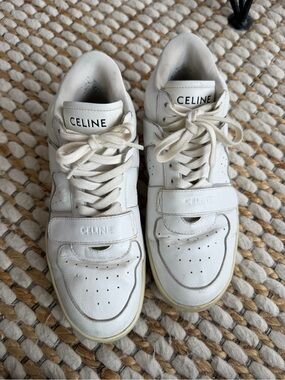 Celine White Leather Strap & Lace Sneakers
